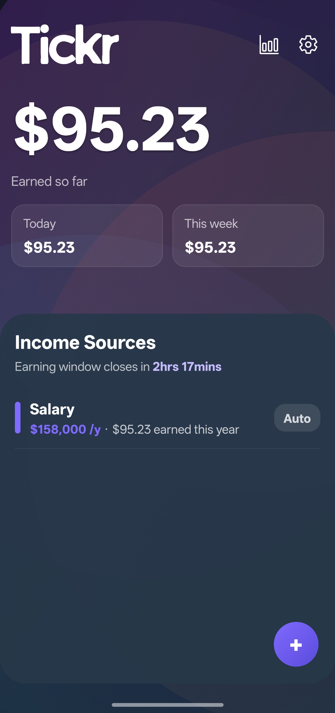 Tickr app screenshot showing earnings overview